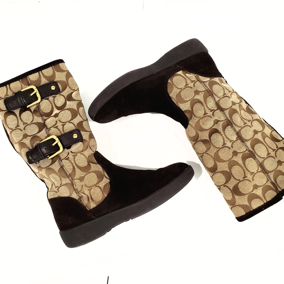 Coach Tinah Brown Leather "C" Logo Pattern Canvas Mid Calf Pull On Boots Size 5B - Picture 4 of 16